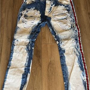 Lion Dynasty Stylish Distressed Blue‎ and Tan Jeans